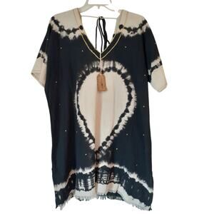 Natural Life Sayulita Kaftan Cotton Heart Graphic Tie Dye Dress NEW OS Boho